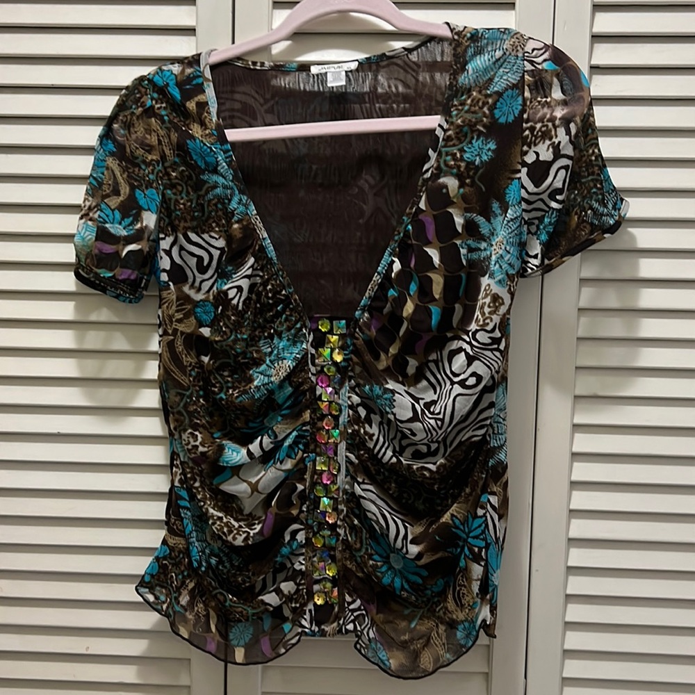 Brown and teal cropped blouse. Sheer nylon and spandex. Great for evening wear.